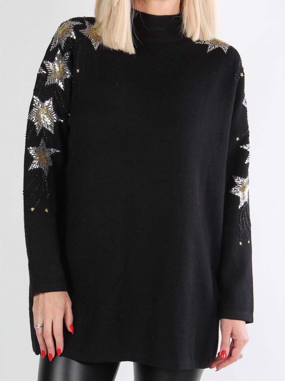 Kissa - Sort blød strikbluse med stjerner af perler og pailletter